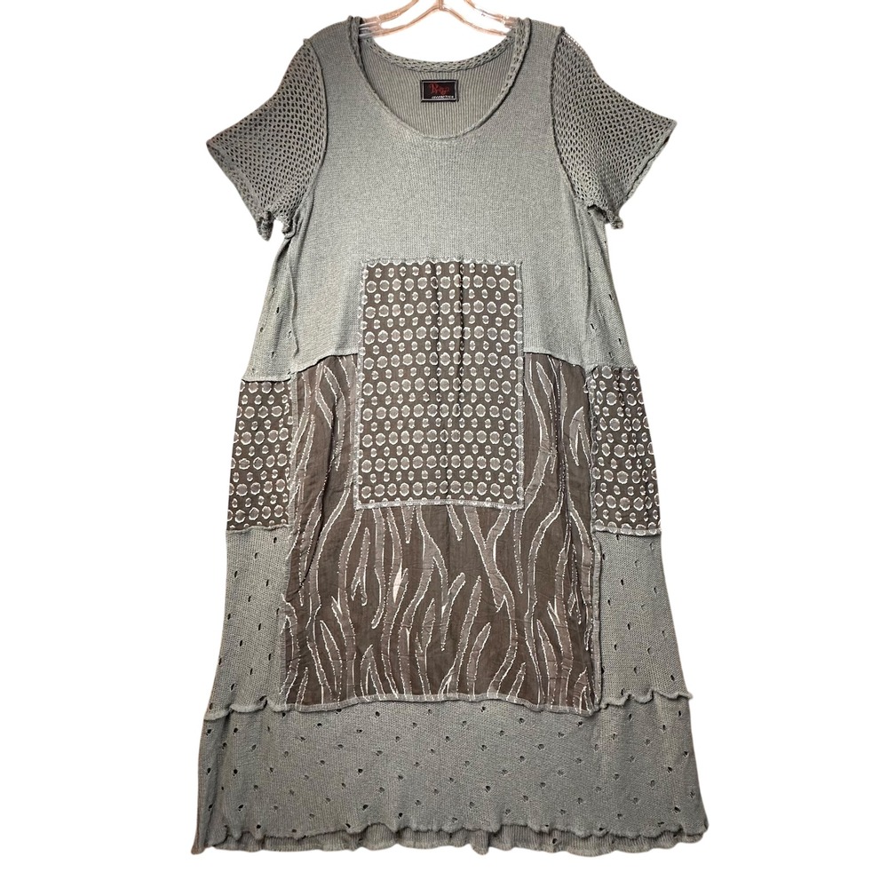 Prisa Collection Sage Green‎ Mixed Media Lagenlook Patchwork Midi Dress